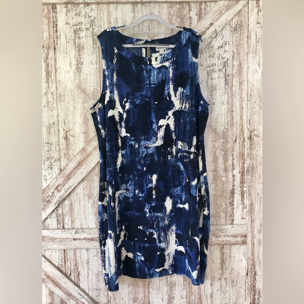 Avenue Navy and White Painted-Look Sheath Dress